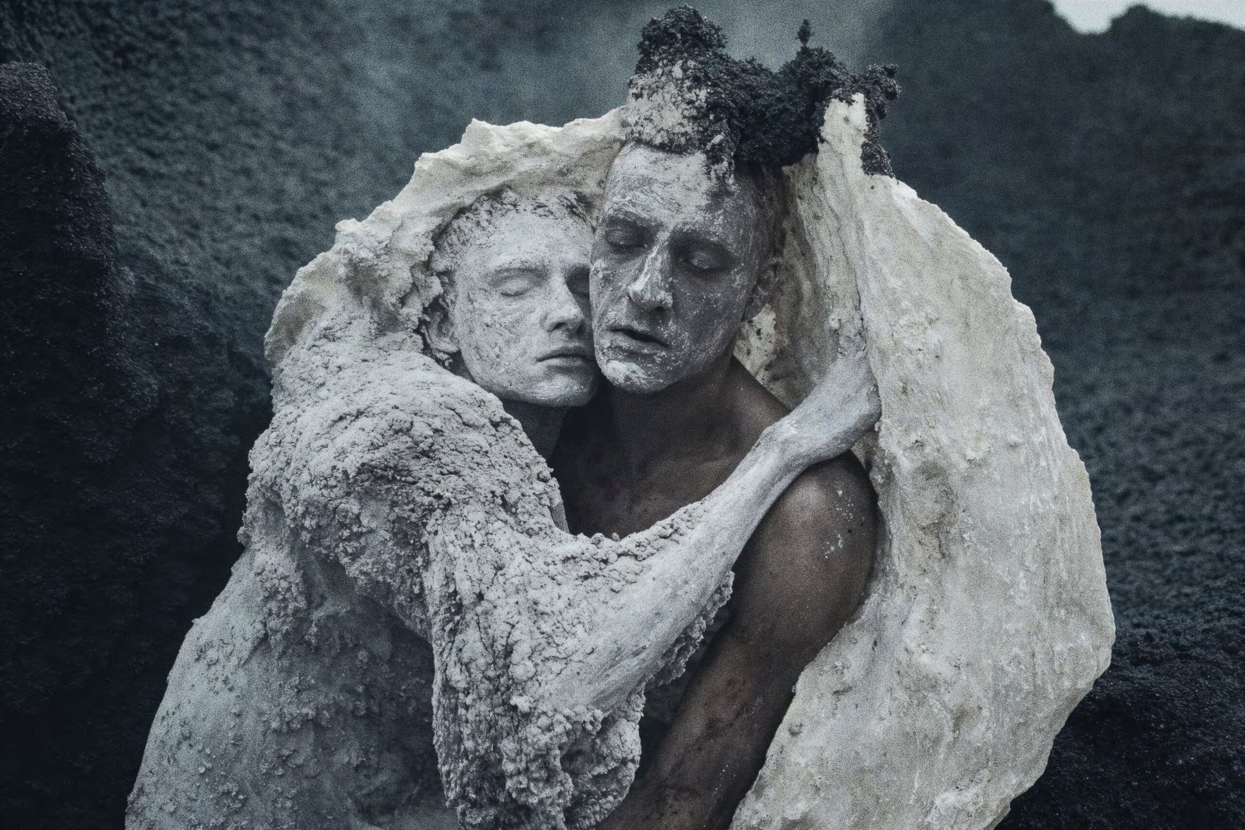 Two figures sheltered in stone