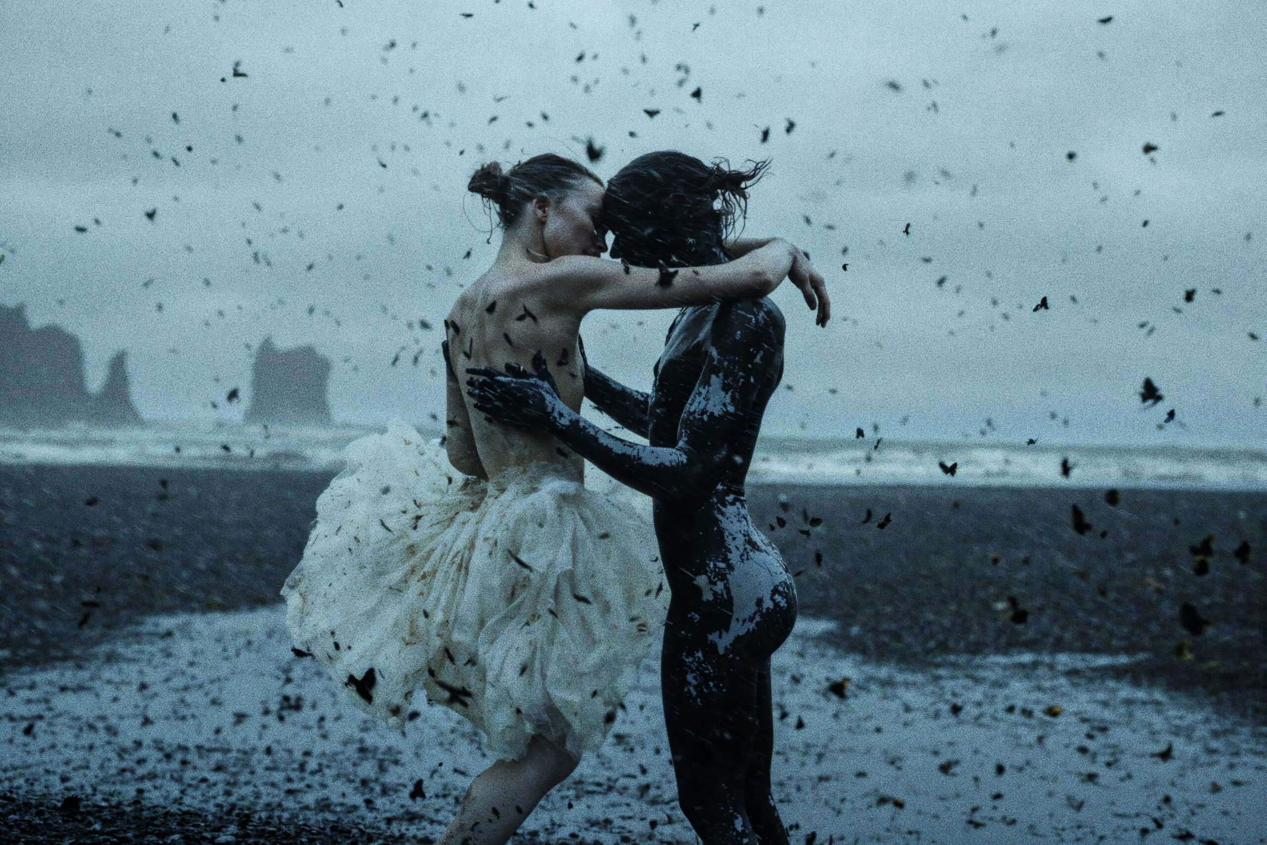 Two figures dancing in swarm