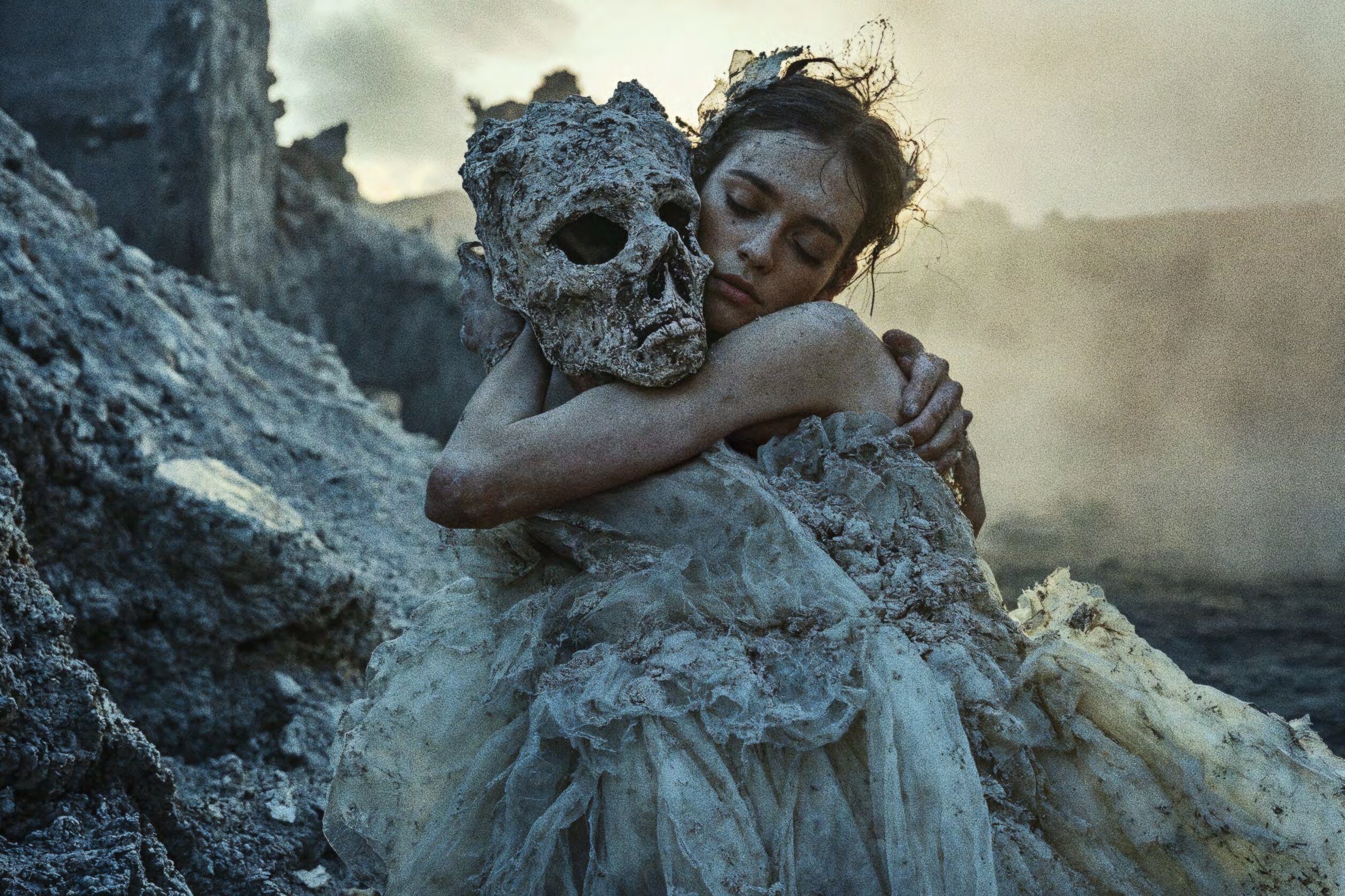 Figure embracing skull